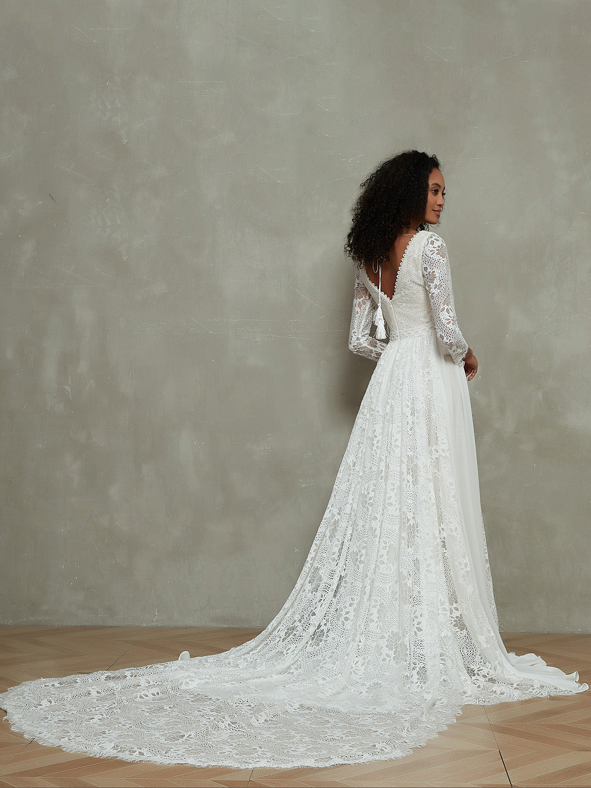 Bohème Vestido de Novia de Muselina y Encaje con Mangas Largas Blancas