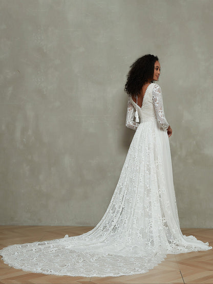 Bohème Vestido de Novia de Muselina y Encaje con Mangas Largas Blancas