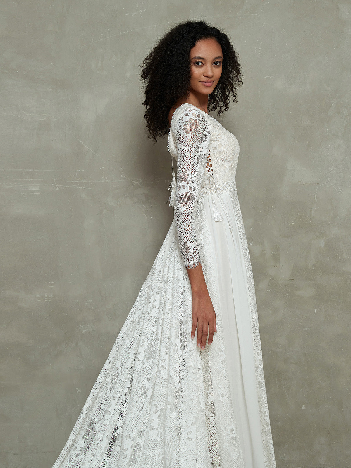 Bohème Vestido de Novia de Muselina y Encaje con Mangas Largas Blancas