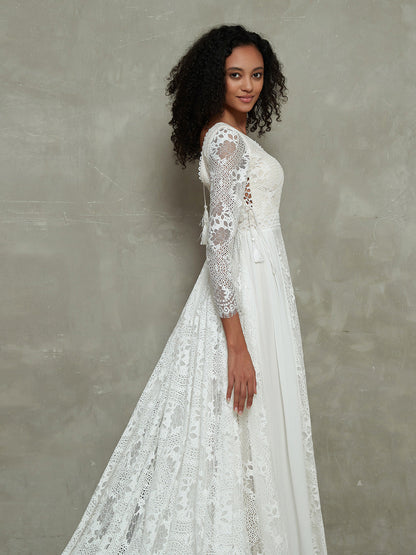 Bohème Vestido de Novia de Muselina y Encaje con Mangas Largas Blancas