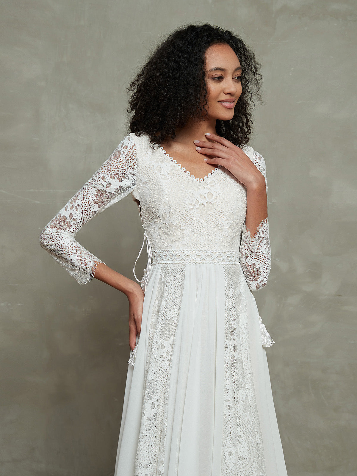 Bohème Vestido de Novia de Muselina y Encaje con Mangas Largas Blancas