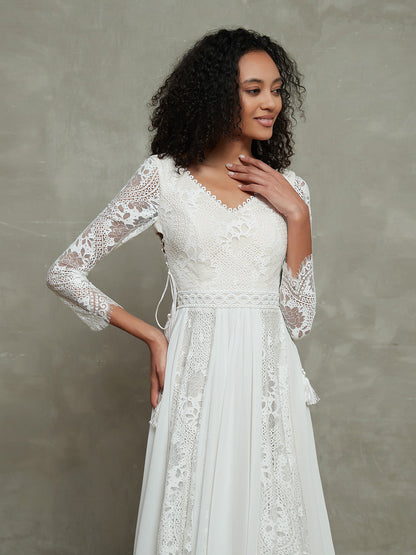 Bohème Vestido de Novia de Muselina y Encaje con Mangas Largas Blancas
