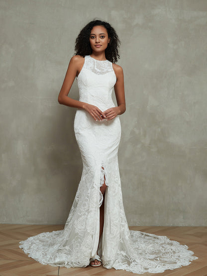 Vestido de Novia Sirena de Encaje con Cuello Ilusionado y Abertura en Marfil
