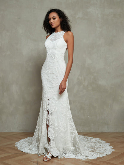 Vestido de Novia Sirena de Encaje con Cuello Ilusionado y Abertura en Marfil