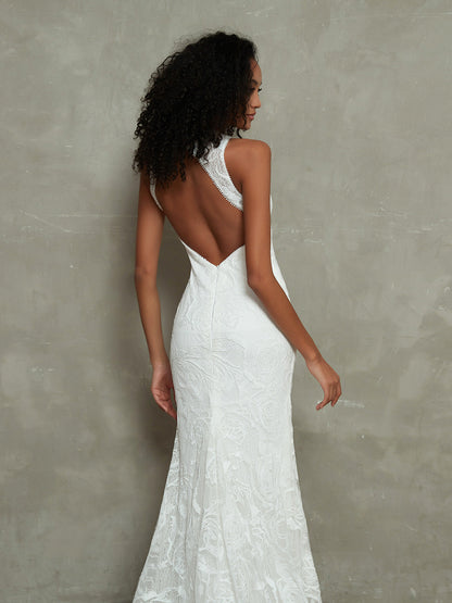 Vestido de Novia Sirena de Encaje con Cuello Ilusionado y Abertura en Marfil