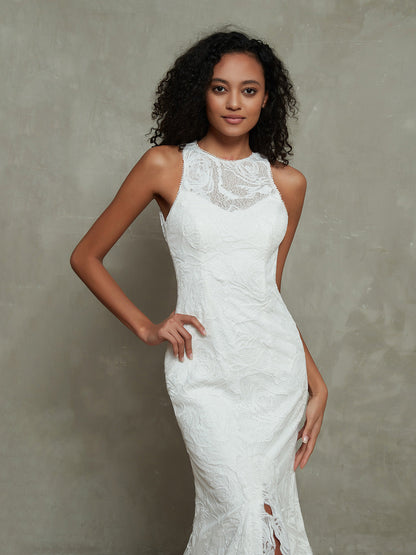 Vestido de Novia Sirena de Encaje con Cuello Ilusionado y Abertura en Marfil