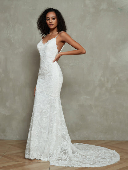 Vestido de Novia de Playa Boho con Bretelles Spaghetti y Encaje Marfil Sirena