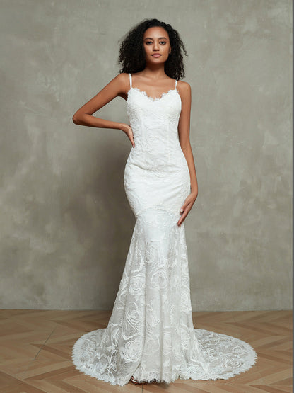 Vestido de Novia de Playa Boho con Bretelles Spaghetti y Encaje Marfil Sirena