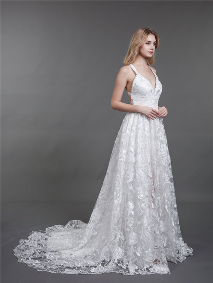 Vestido de Novia de Encaje Marfil con Abertura