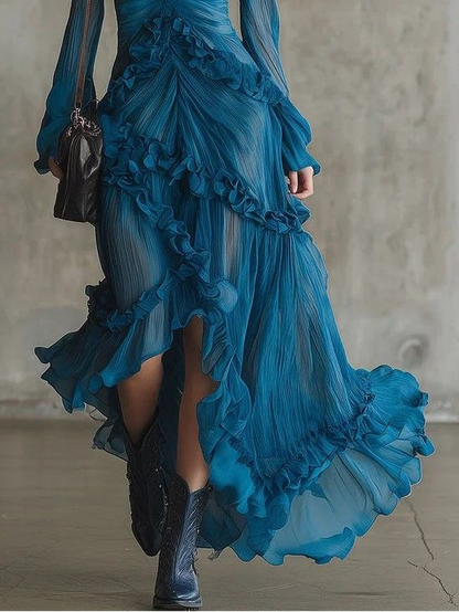 Freya – Vestido de chiffon azul con detalles de volantes