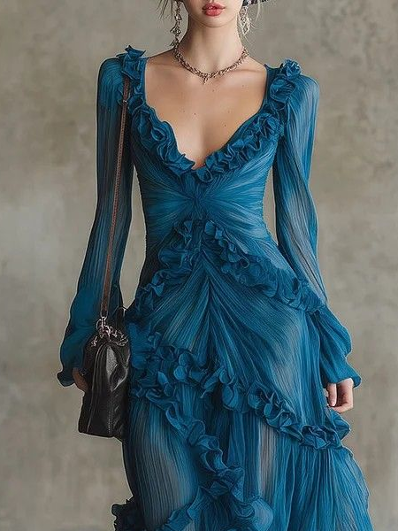 Freya – Vestido de chiffon azul con detalles de volantes