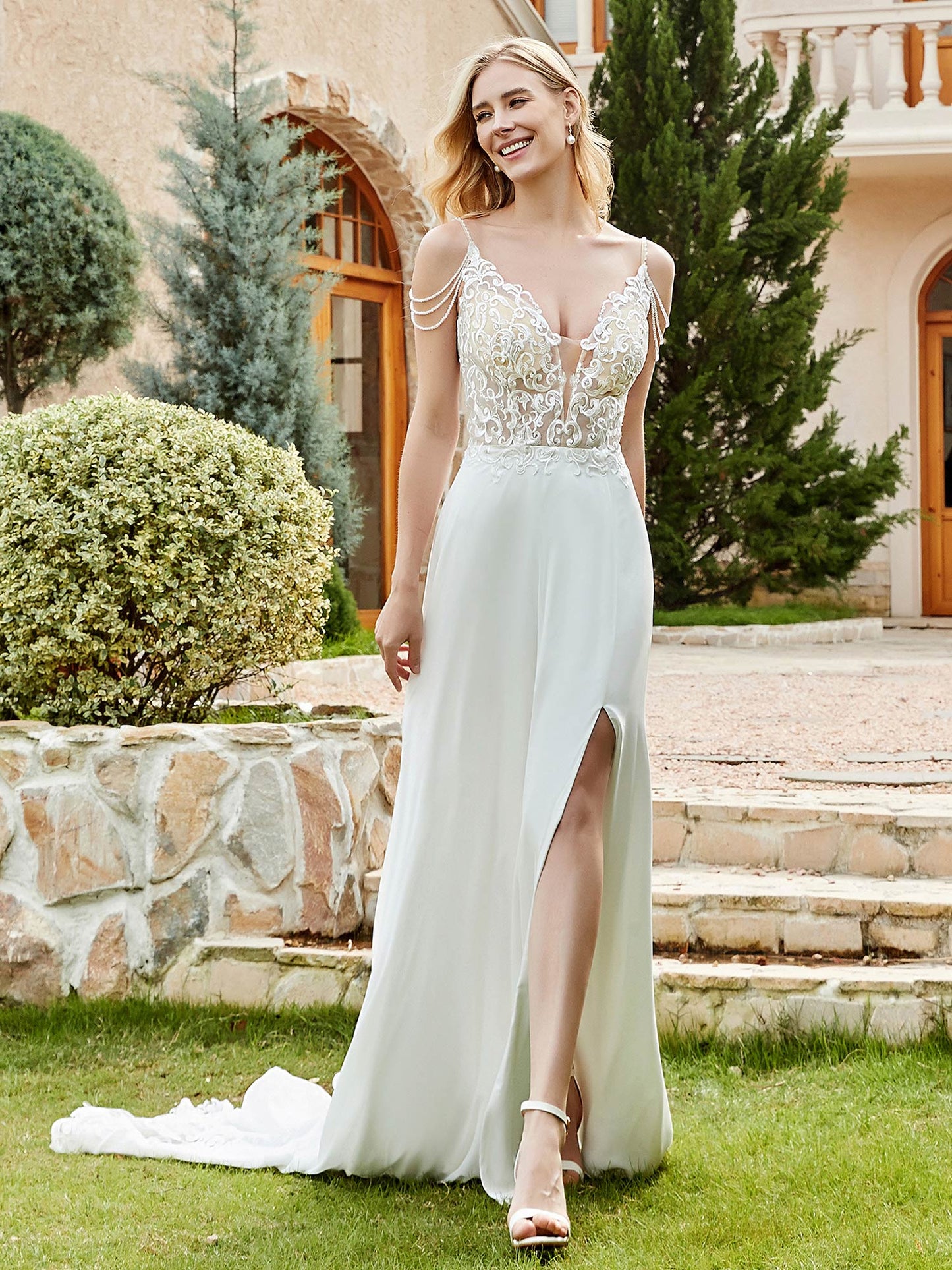 Vestido de Novia Marfil con Corsé de Encaje y Tirantes Espagueti
