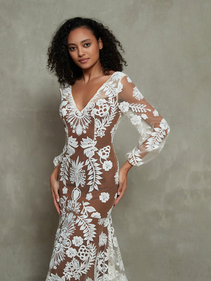 Vestido Bohemio con Forro Nude y Encaje Marfil, Mangas Largas - Estilo de la Imagen
