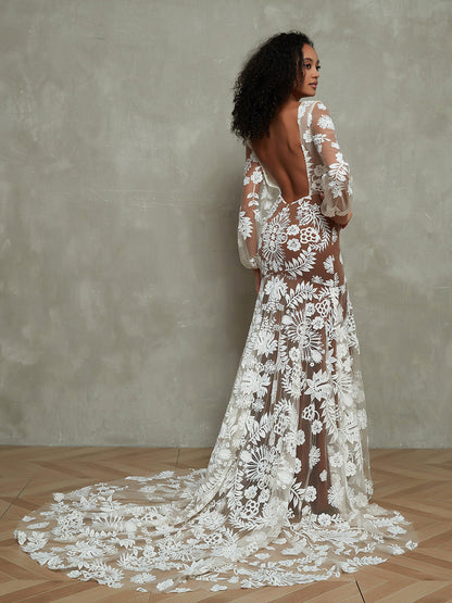 Vestido Bohemio con Forro Nude y Encaje Marfil, Mangas Largas - Estilo de la Imagen