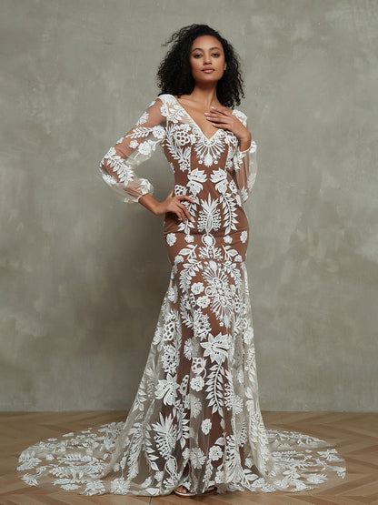 Vestido Bohemio con Forro Nude y Encaje Marfil, Mangas Largas - Estilo de la Imagen