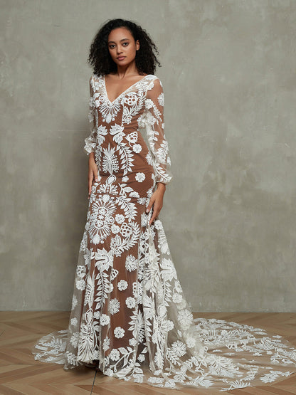 Vestido Bohemio con Forro Nude y Encaje Marfil, Mangas Largas - Estilo de la Imagen