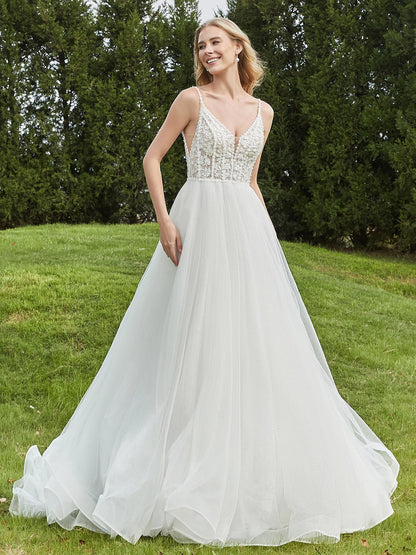 Vestido de Novia de Tul y Encaje con Escote en V Color Marfil