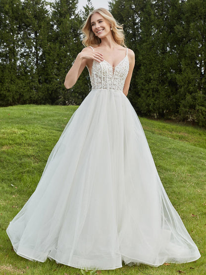 Vestido de Novia de Tul y Encaje con Escote en V Color Marfil