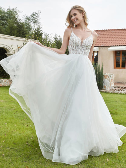 Vestido de Novia de Tul y Encaje con Escote en V Color Marfil
