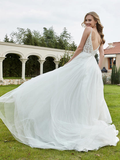 Vestido de Novia de Tul y Encaje con Escote en V Color Marfil