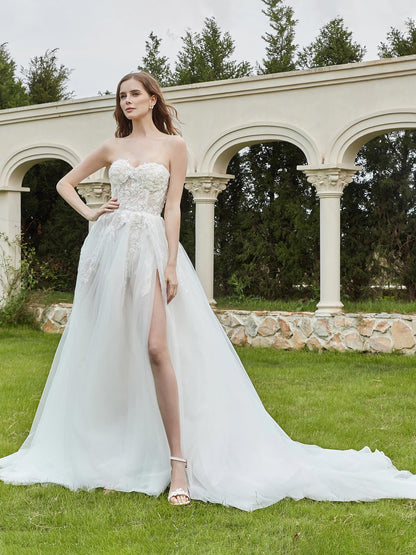 Vestido de Novia Sin Tirantes con Encaje Perlado en Color Marfil
