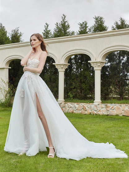 Vestido de Novia Sin Mangas con Apliques de Encaje Perlado en Color Blanco