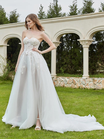 Vestido de Novia Sin Tirantes con Encaje Perlado en Color Marfil