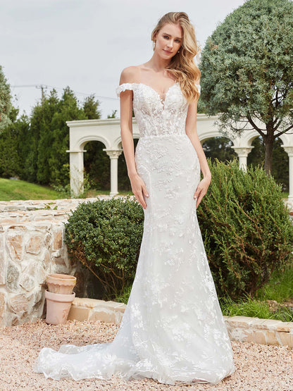 Vestido de Novia Sirena de Encaje Marfil con Escote Off-Shoulder