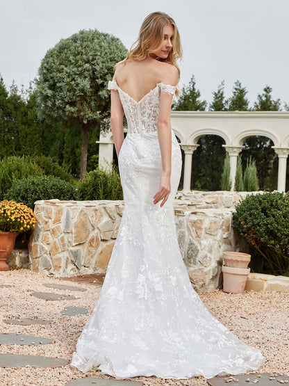 Vestido de Novia Sirena de Encaje Marfil con Escote Off-Shoulder