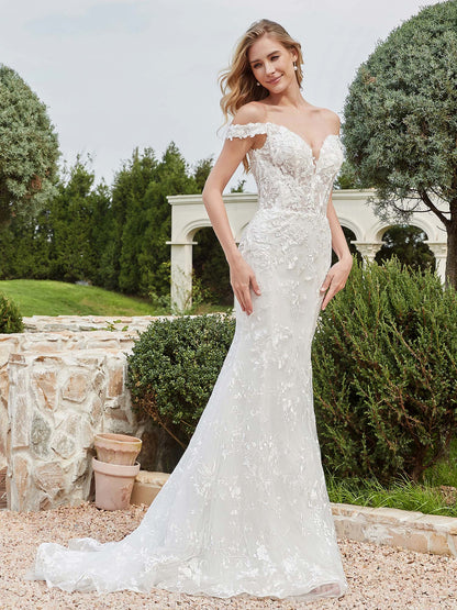 Vestido de Novia Sirena de Encaje Marfil con Escote Off-Shoulder