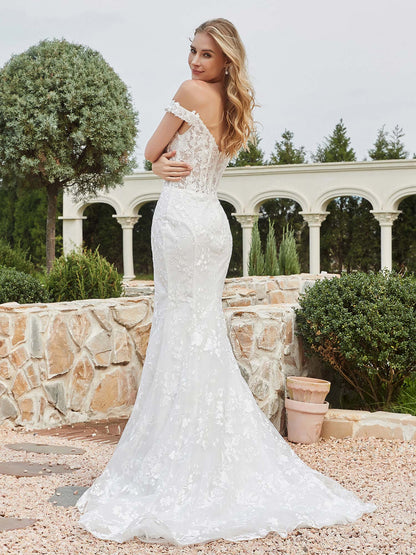 Vestido de Novia Sirena de Encaje Marfil con Escote Off-Shoulder