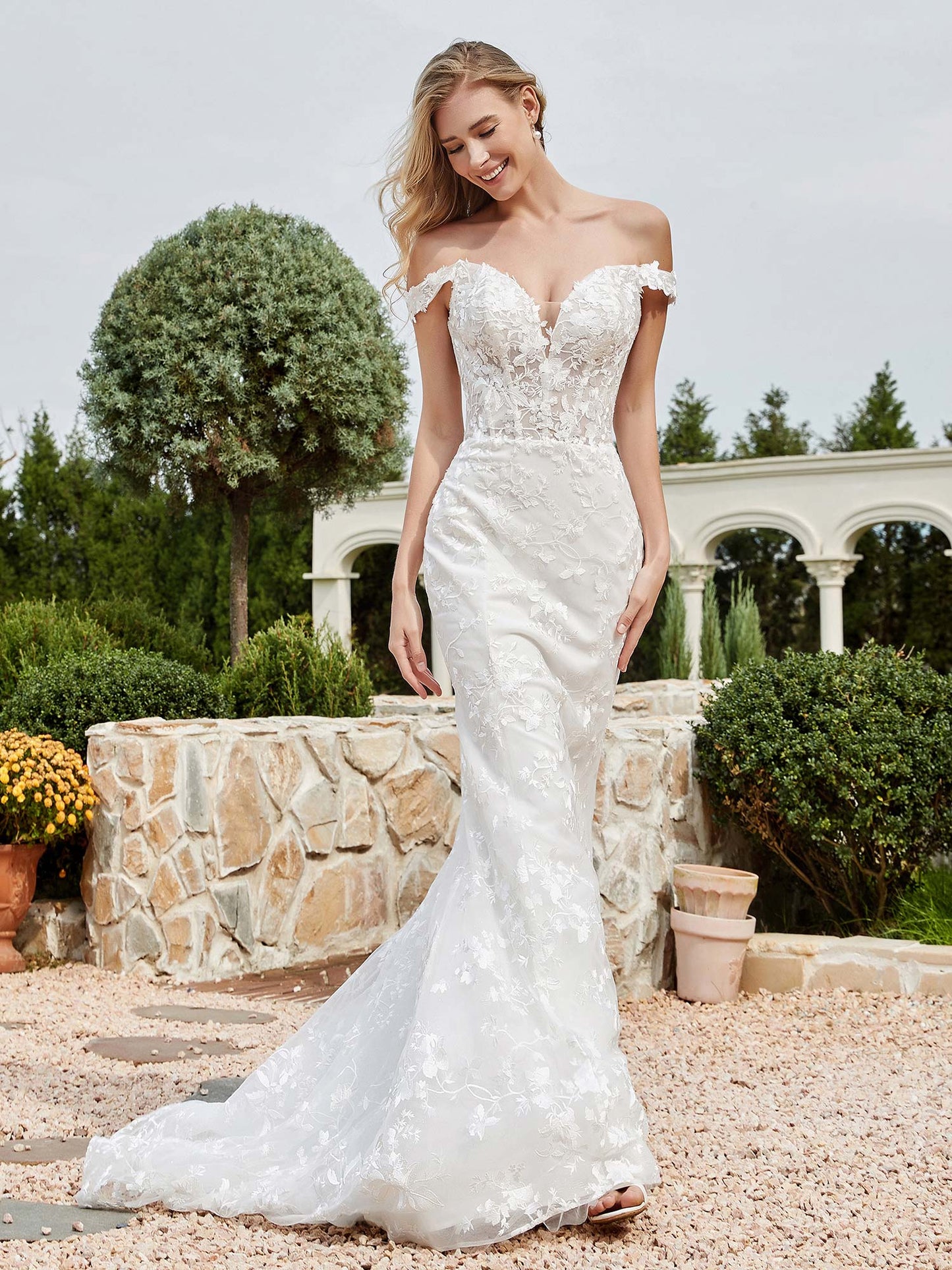 Vestido de Novia Sirena de Encaje Marfil con Escote Off-Shoulder