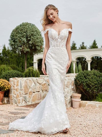 Vestido de Novia Sirena de Encaje Marfil con Escote Off-Shoulder