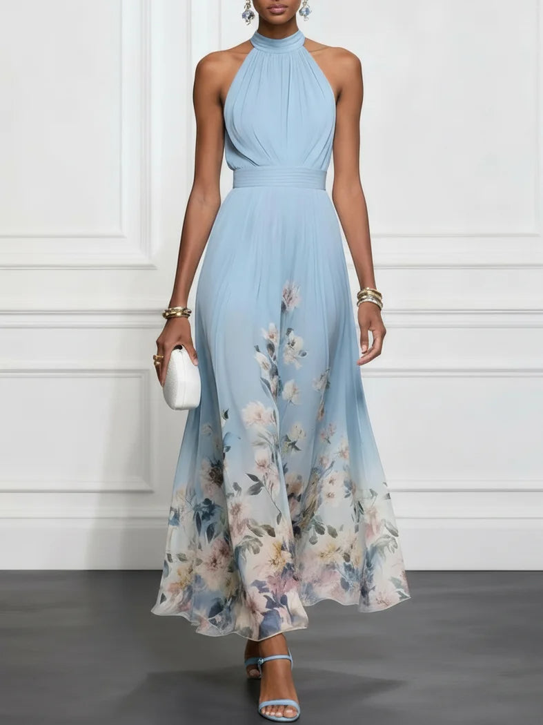 Rosalyn | Vestido Maxi de Chifón Azul con Estampado Floral