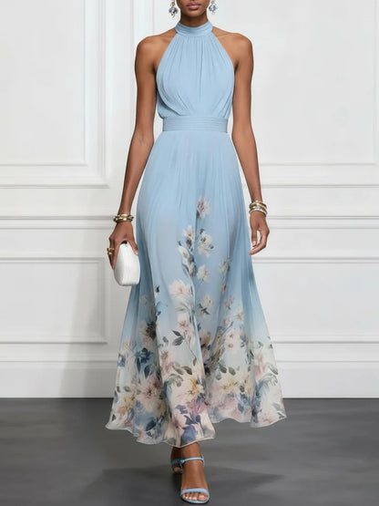 Rosalyn | Vestido Maxi de Chifón Azul con Estampado Floral