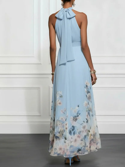 Rosalyn | Vestido Maxi de Chifón Azul con Estampado Floral