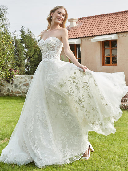 Vestido de Novia Marfil con Escote Corazón y Encaje Aplicado en Tul