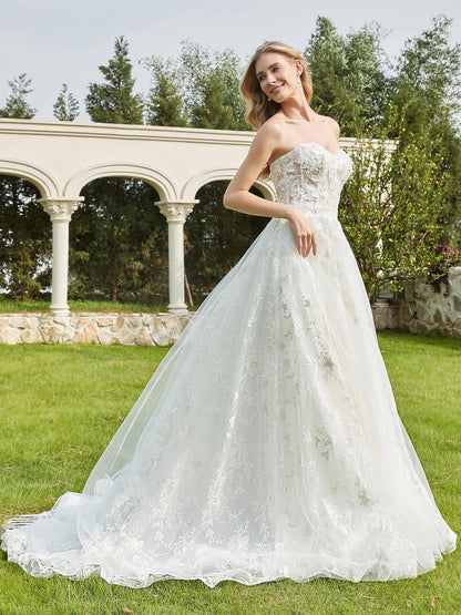 Vestido de Novia Marfil con Escote Corazón y Encaje Aplicado en Tul