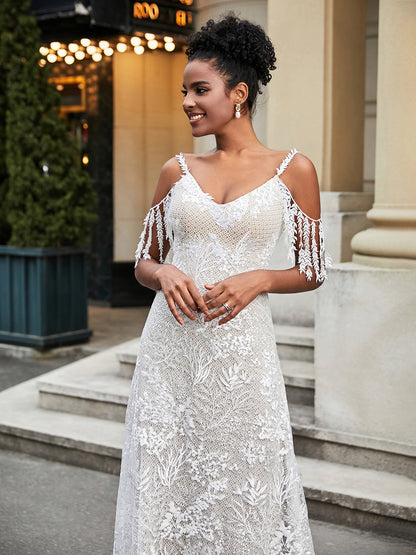 Robe de Mariée A-ligne en Dentelle Appliquée avec Traîne Balayage en Ivoire