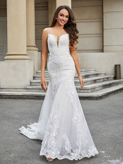 Vestido de Novia de Encaje Sirena con Cola de Capilla en Marfil