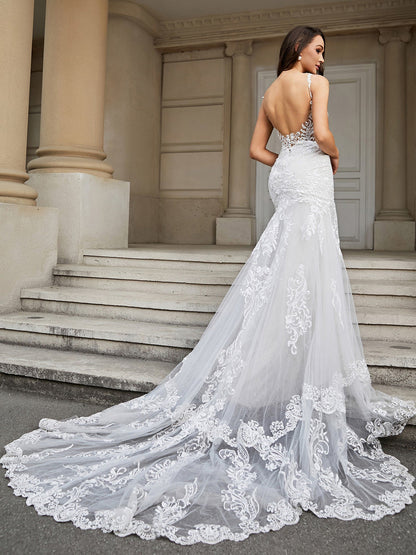 Vestido de Novia de Encaje Sirena con Cola de Capilla en Marfil