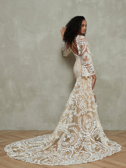 Vestido de Novia Bohemio de Encaje Sirena con Mangas Largas - Estilo de la Imagen