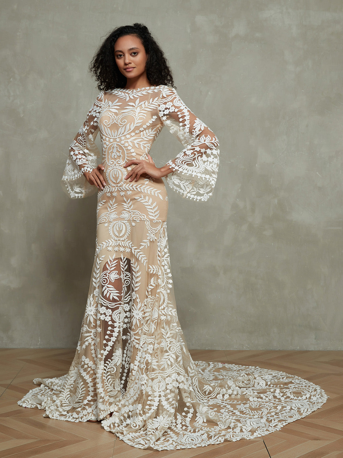 Vestido de Novia Bohemio de Encaje Sirena con Mangas Largas - Estilo de la Imagen