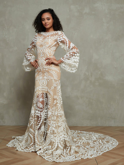 Vestido de Novia Bohemio de Encaje Sirena con Mangas Largas - Estilo de la Imagen