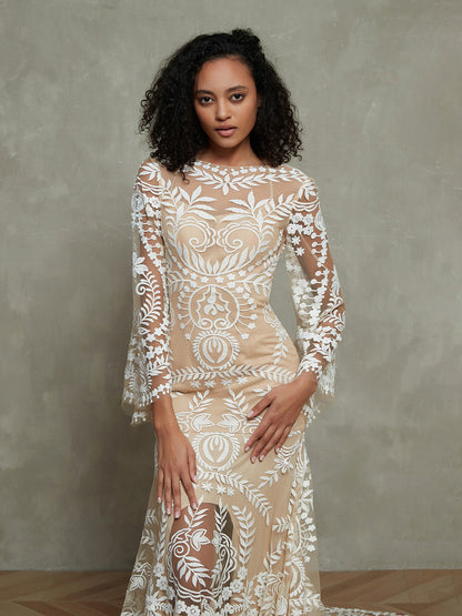Vestido de Novia Bohemio de Encaje Sirena con Mangas Largas - Estilo de la Imagen