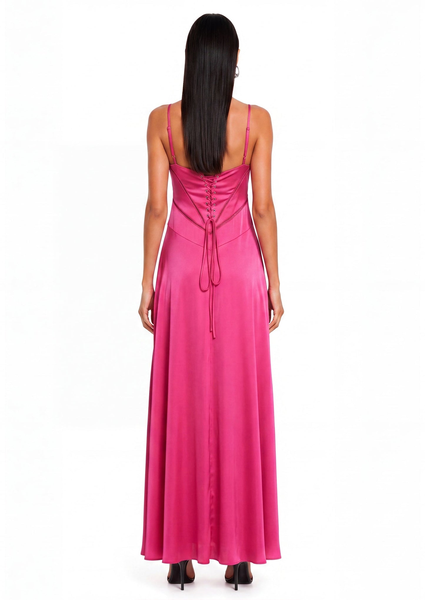 Maxi Vestido de Satén Rojo Rosa con Detalles de Cordones
