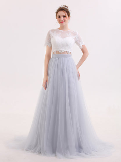 Vestido de Novia de Dos Piezas con Mangas Medias en Color Plateado
