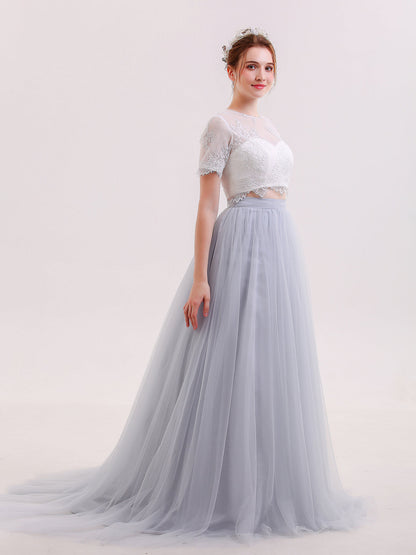 Vestido de Novia de Dos Piezas con Mangas Medias en Color Plateado