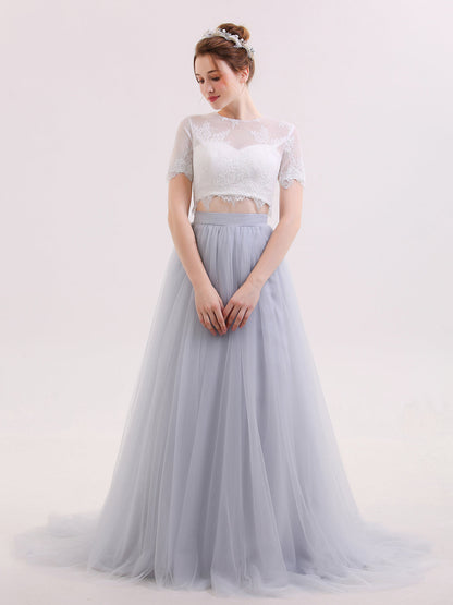 Vestido de Novia de Dos Piezas con Mangas Medias en Color Plateado