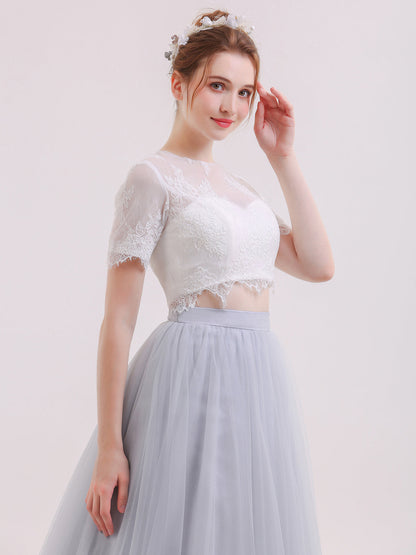 Vestido de Novia de Dos Piezas con Mangas Medias en Color Plateado